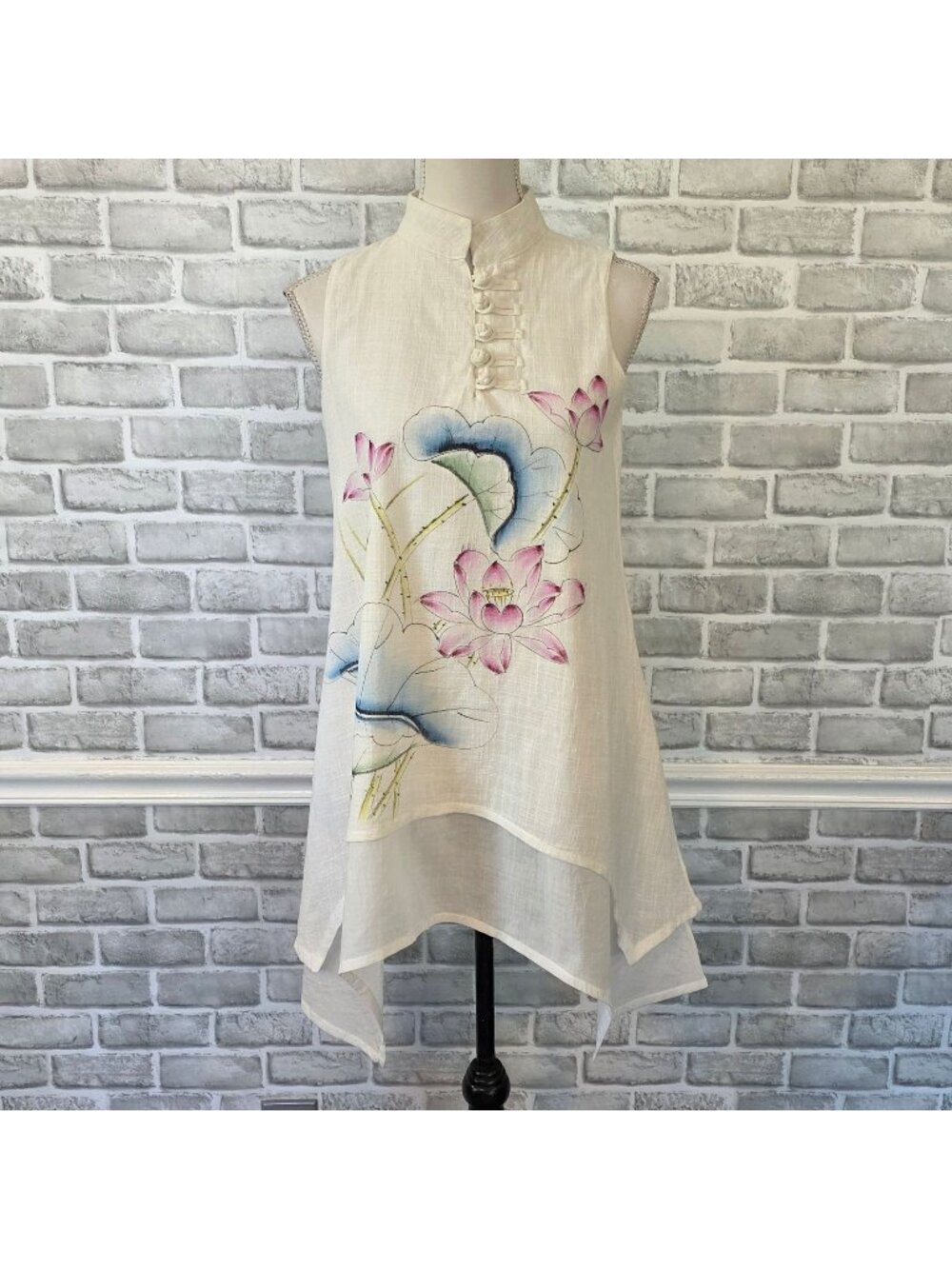 Artisan Linen Lotus Tunic Dress Hand Painted Lagenlook Mori Kei Art to Wear